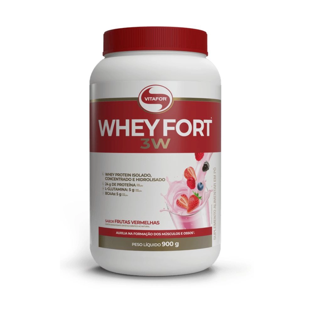 Whey Protein Whey Fort 3W Pote 900g - Vitafor - Morango